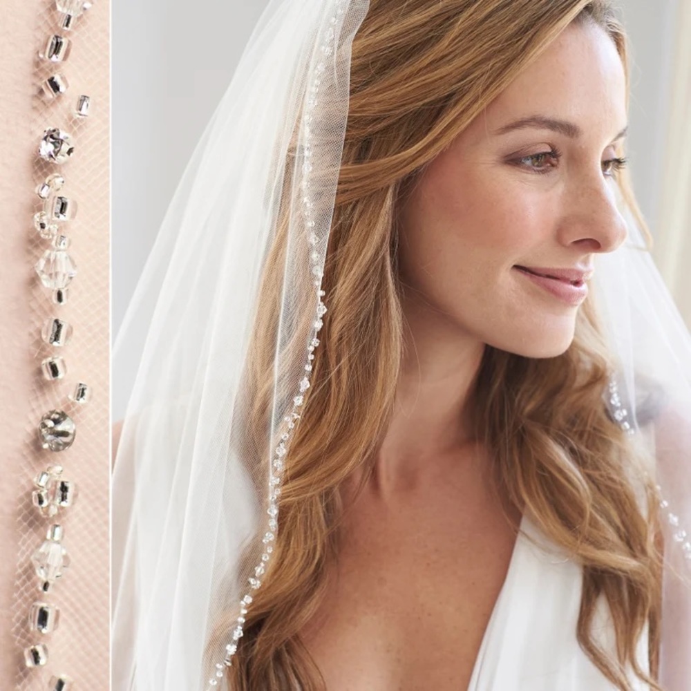Ivory wedding veil with diamonds and beads- fingertip length